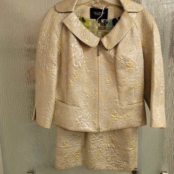 ST JOHN COUTURE FLORAL SILVER AND GOLD SILK BROCADE SUIT - Picture 1 of 10